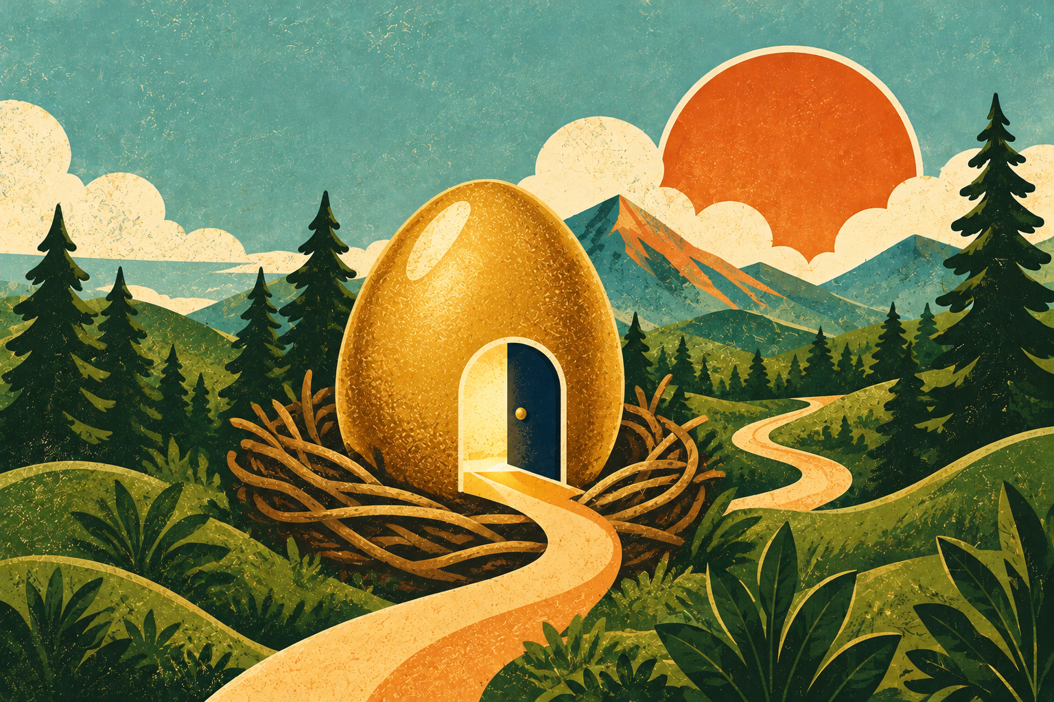 A golden egg with an open doorway rests in a nest, with a winding path through a mountain landscape.